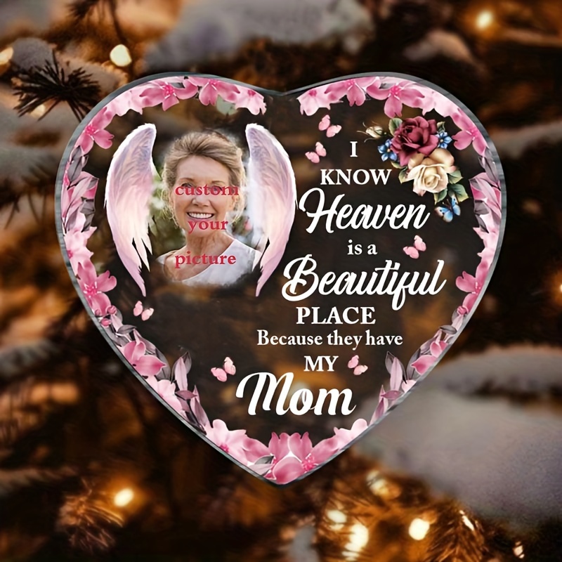 

Heaven Is A Beautiful Place Decor, Butterfly Flower Memorial Loss Of Mom Grandma, Heart Shape, Photo Customization (3.93inchx3.93inch)
