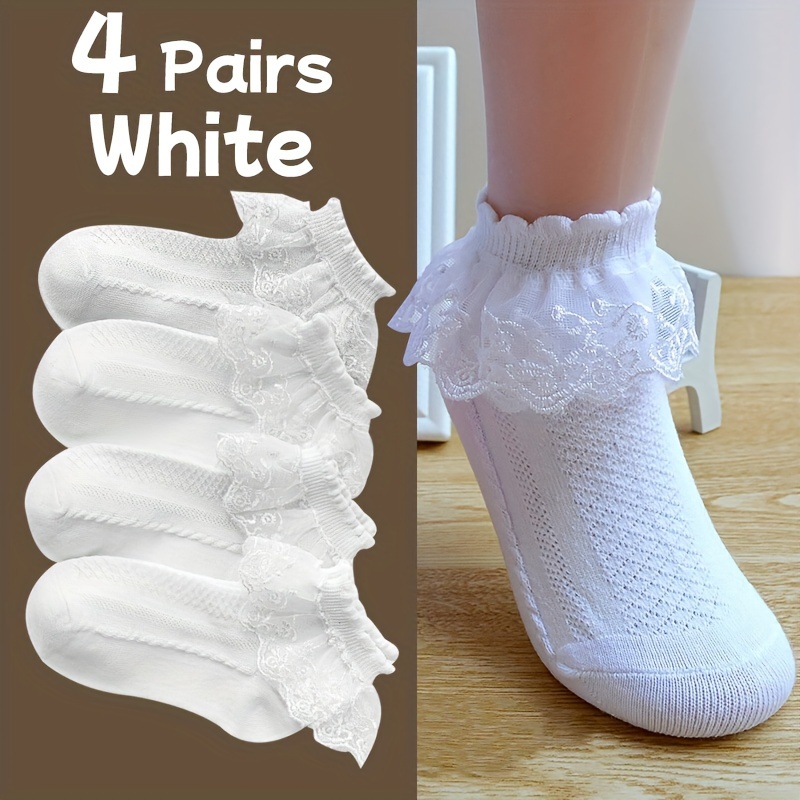 

4pcs Girls' White Lace Princess Socks - Breathable, All & Dance