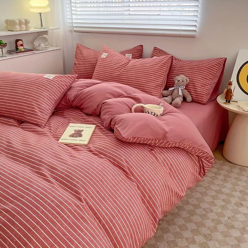 TEMU Ensemble de literie 4 pièces (1*housse de couette + 1*drap de lit + 2*taille de taie d'oreiller, noyau de couette), imprimé à rayures roses,