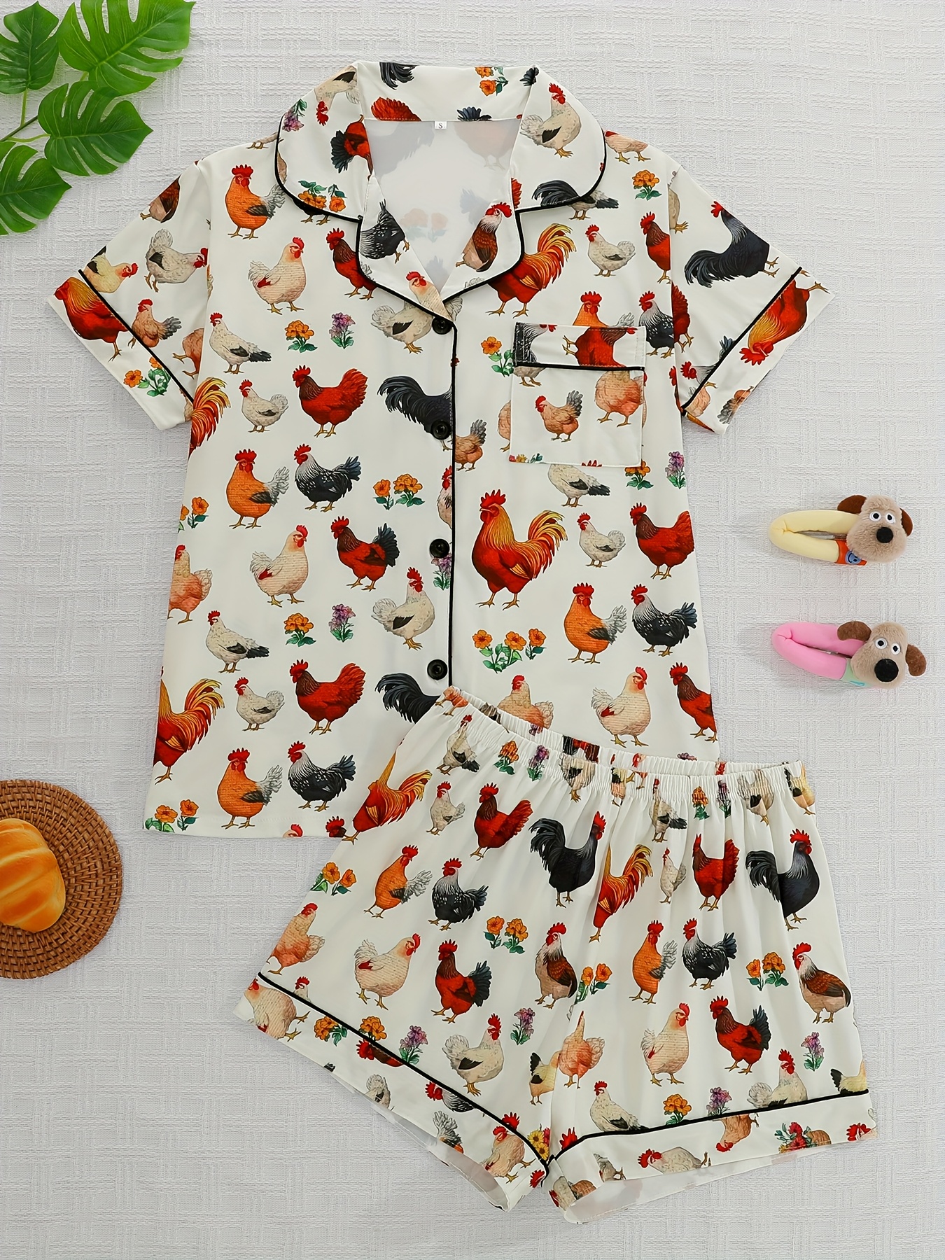 womens pajama set two piece featuring a   style chicken print comfortable outdoor and   with a collared button a comfortable short sleeve top and loose elastic shorts suitable for summer suitable for   Product details 0