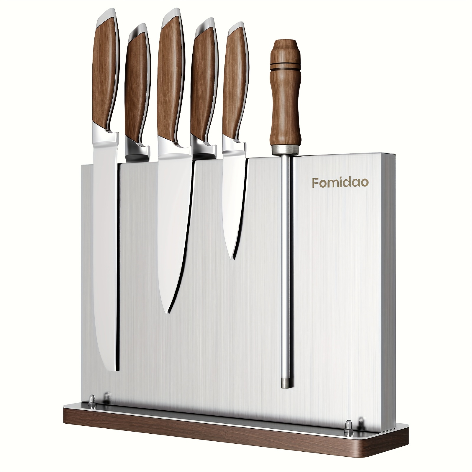 TEMU Magnetic Knife Block, Stainless Steel Magnetic Knife Holder Rack For Kitchen Counter, Strong Double Sided Magnet Knife Storage Stand With Wood Base