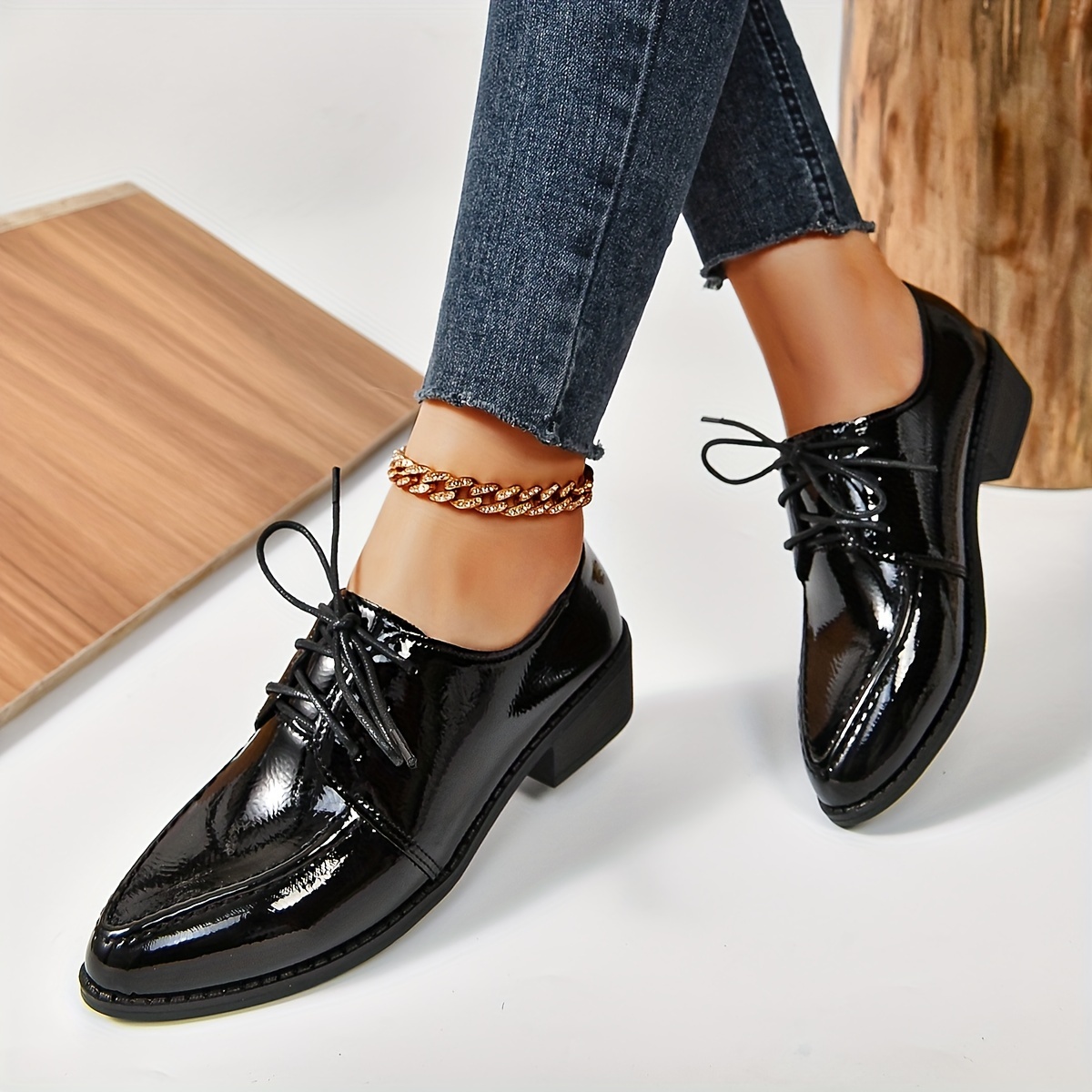 womens solid color chunky heel oxfords fashion lace up point toe dress shoes versatile and comfortable student uniform shoes details 1