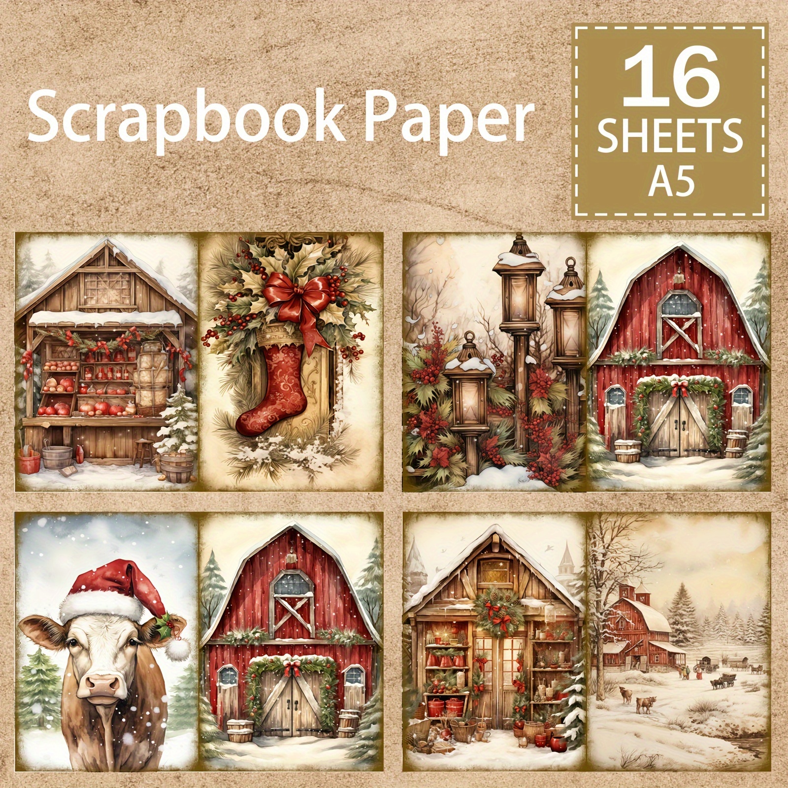 

16pcs A5 Christmas Santa & Farm Scene For Journals, Greeting Cards, Planners & Scrapbooking