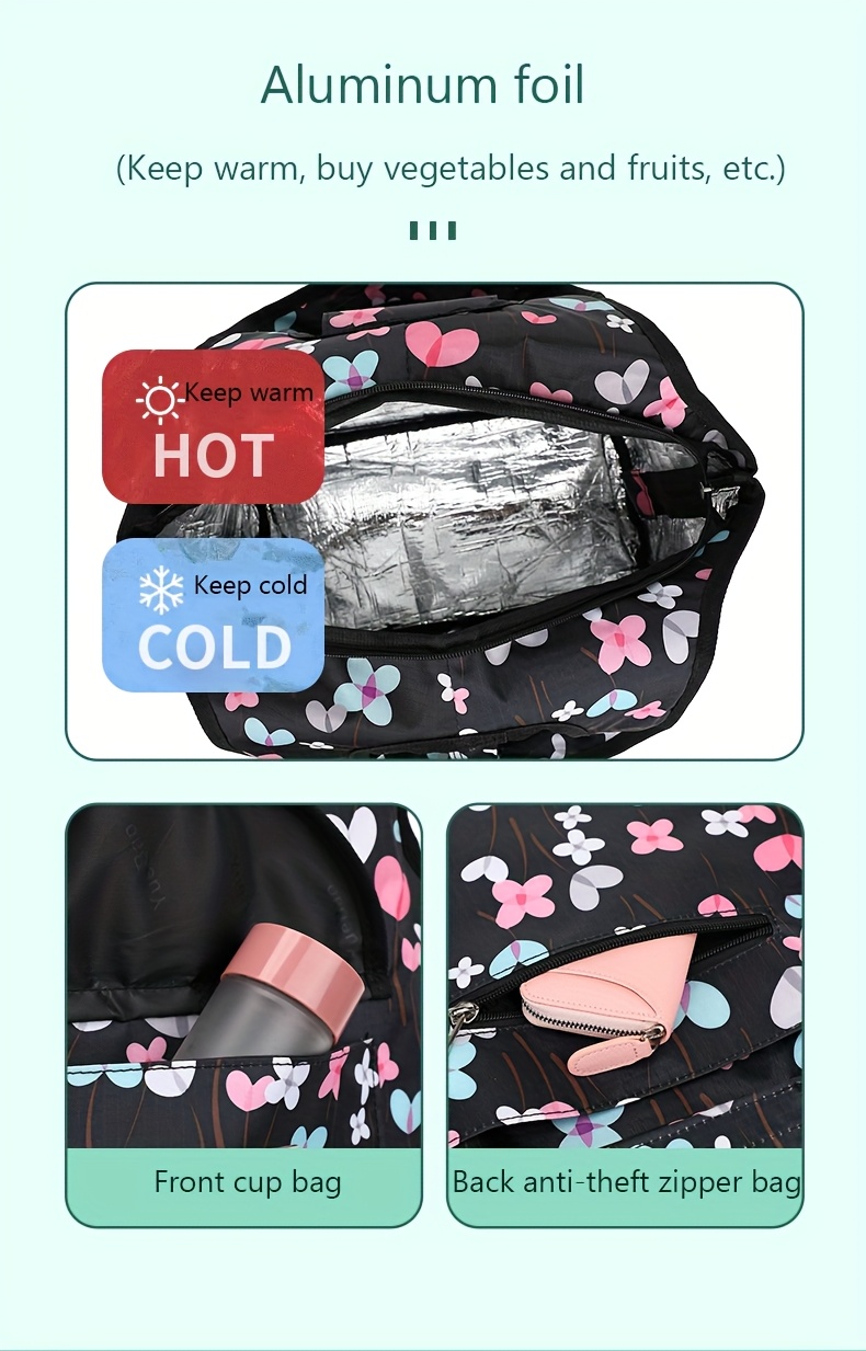 1pc Elegant Heart & Floral Pattern Foldable Shopping Cart with Telescopic Aluminum Handle – Portable 4-Wheel Rolling Grocery & Camping Cart, Black with Blue & Pink Hearts, Hand Wash Only, Travel Storage Cart | Elegant Pattern Design | Durable Fabric Cart