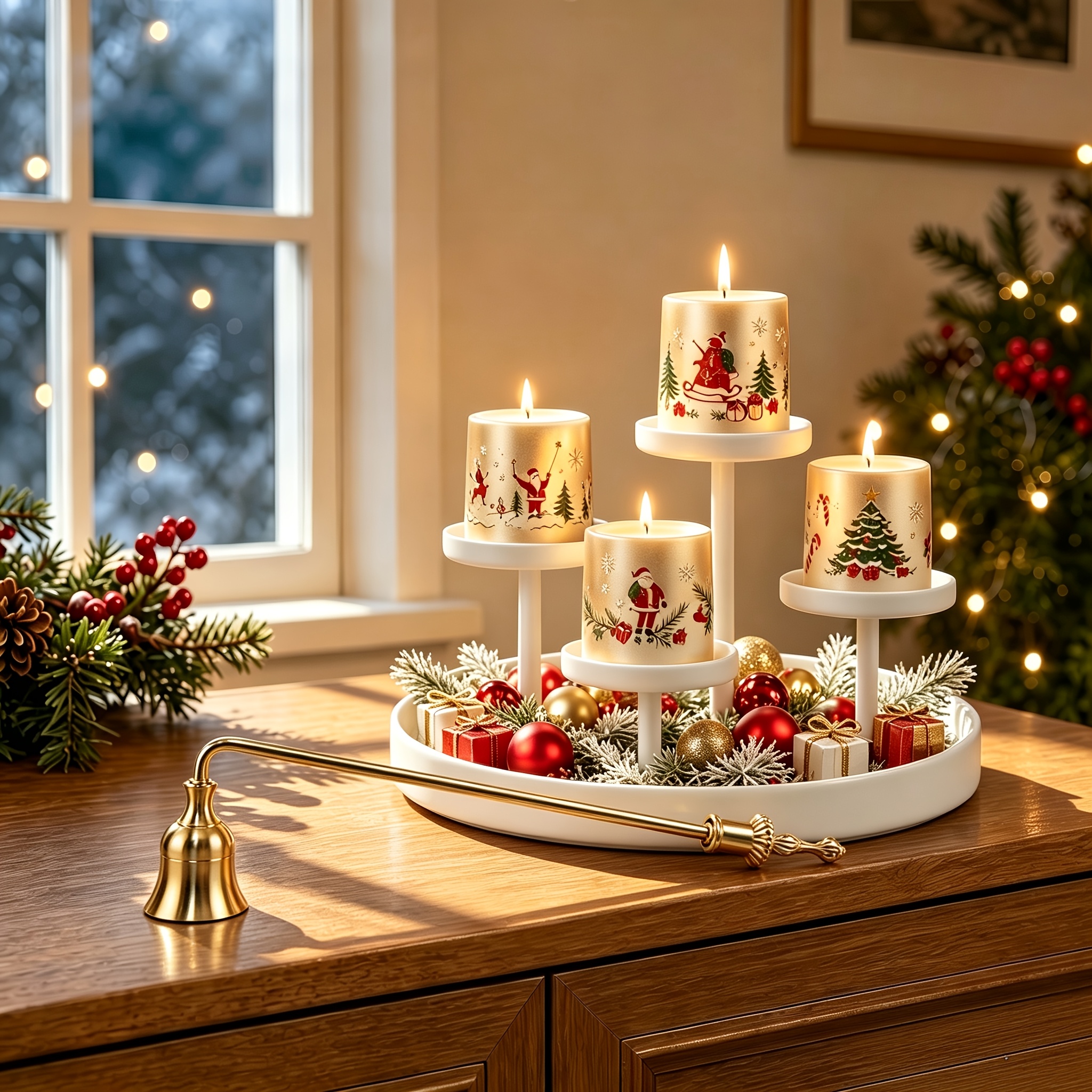 TEMU Weißer mehrstufiger gestufter Kerzenständer mit goldenem Löscher, mit 4 versetzten Säulen, die 4 Kerzen gleichzeitig halten können. Der Sockel