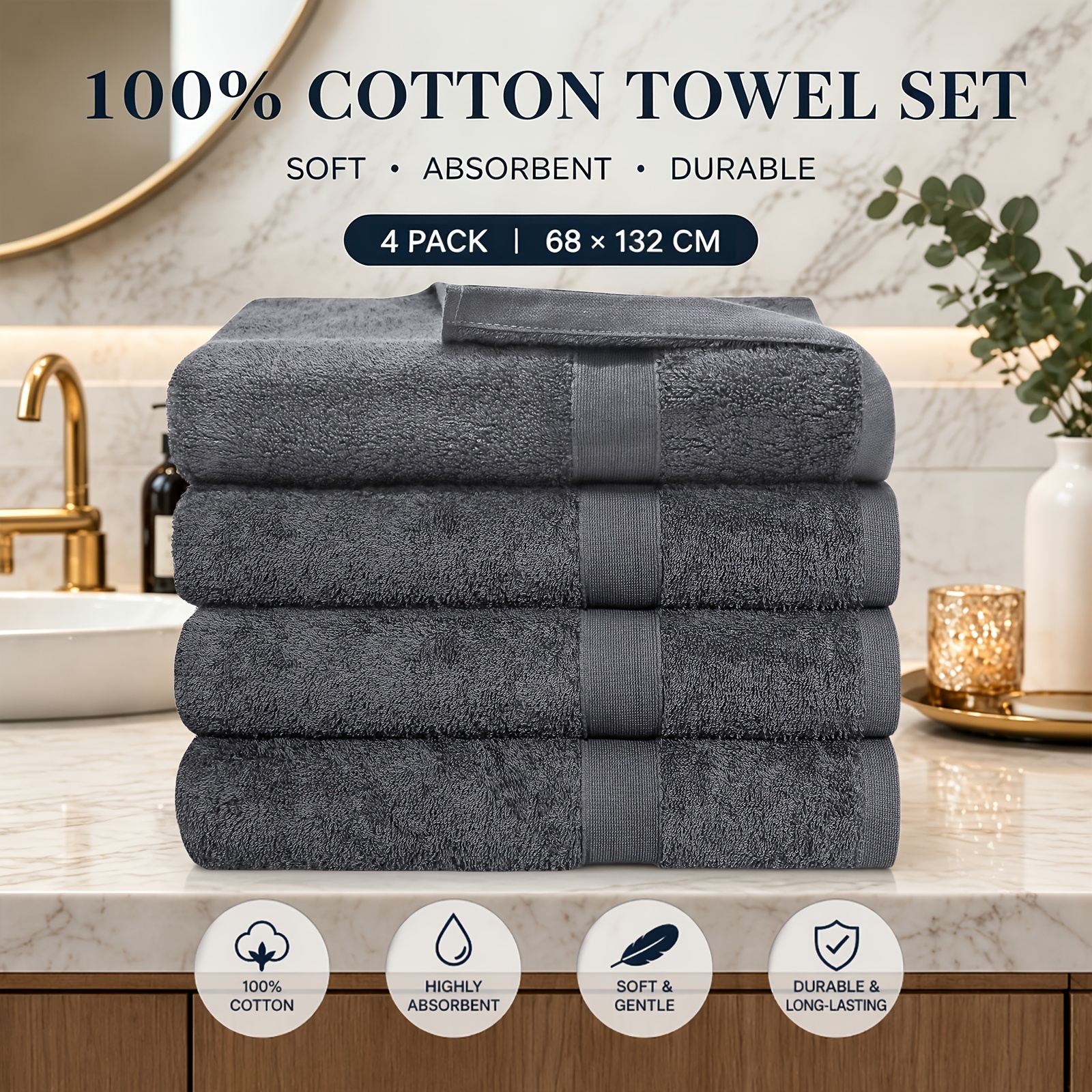 TEMU 4pcs Cotton Bath Towels Ultra Soft & Absorbent - 550gsm Thick, Durable, Home, Hotel, Spa - 68x132cm, Ideal For Bathroom Essentials & Holiday