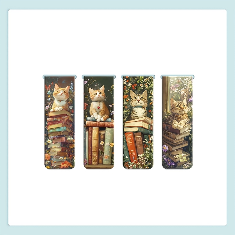 Image of Set Of 4 Cat-themed Bookmarks Featuring An Adorable , Designed As Magnetic Clips To Mark Pages In Books, Perfect For Students, Teachers, And For Use In Libraries Or Offices