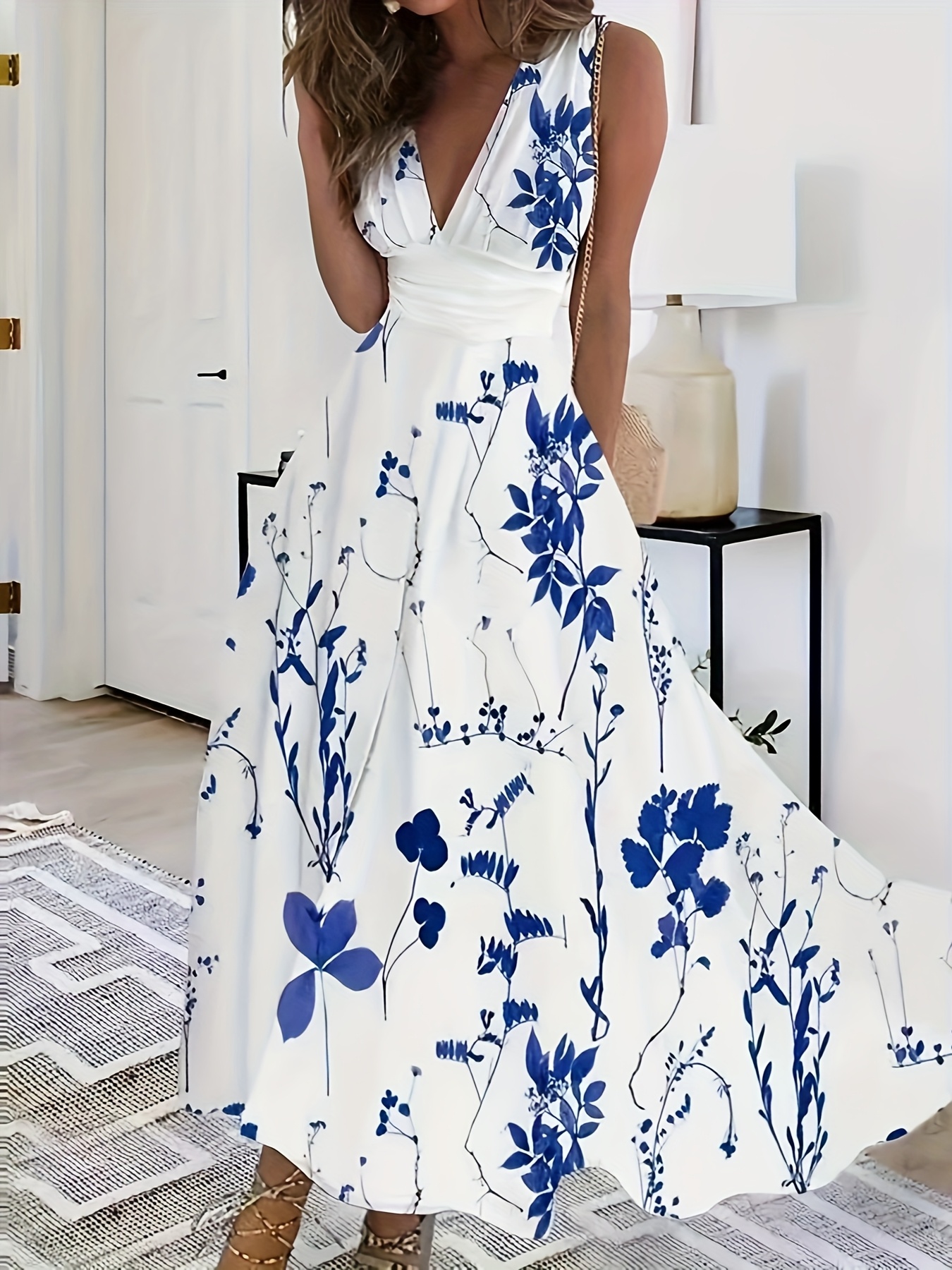 elegant blue floral print maxi dress for women deep v neck sleeveless a line flowy dress with cinched waist   spring summer cute dress royal blue 0