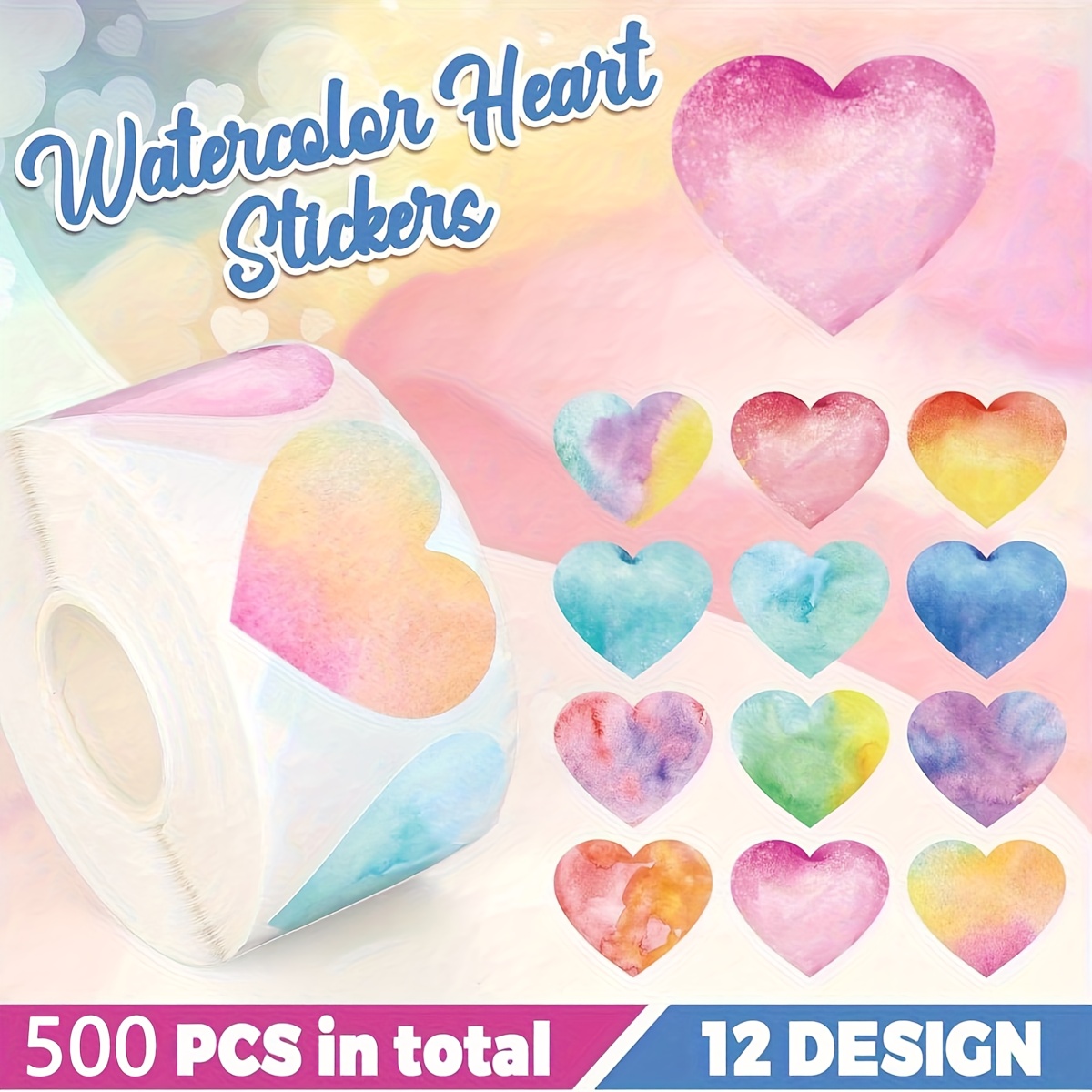 E-shop 1 Zoll herzförmige bunte Aufkleber, 500 Stück/Rolle, für Feiertagsparty-Dekorationen, Backen, Kuchen- & Süßigkeitenverpackung, Grußkarten,