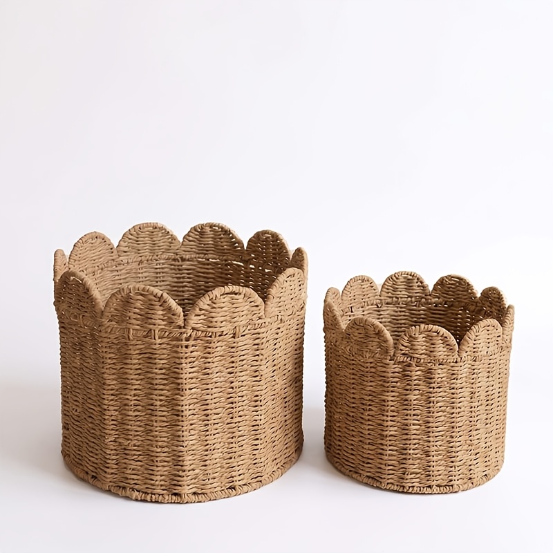 TEMU 2pcs Bohemian Wavy Edge Rope Storage Baskets With Open Lid - Cylindrical Paper Organizer Bins Suitable For Towels, Clothes, Bath,, Room Decor -