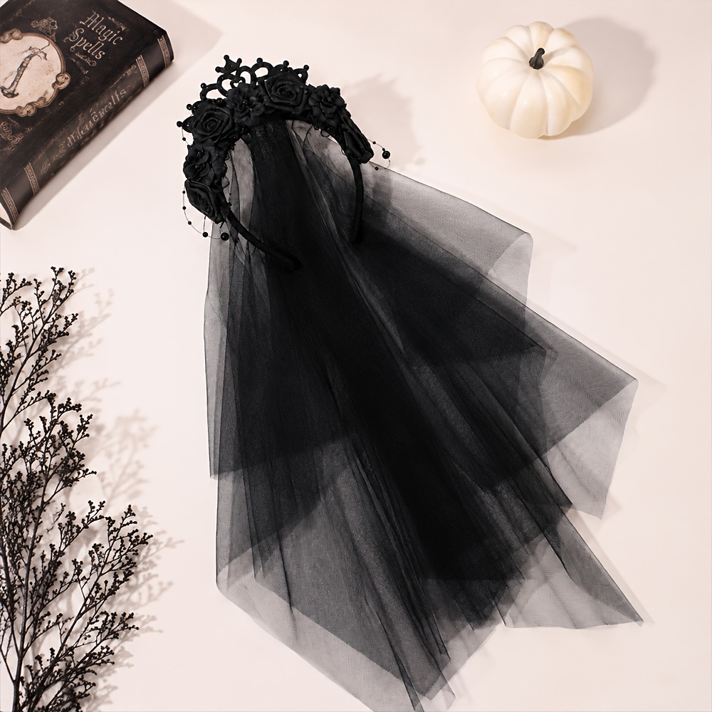 TEMU 1pc per Halloween Fascia per Capelli da Donna, Corona con Rosa in Tulle, Accessorio per Capelli Cosplay da Sposa per Costume da Festa di
