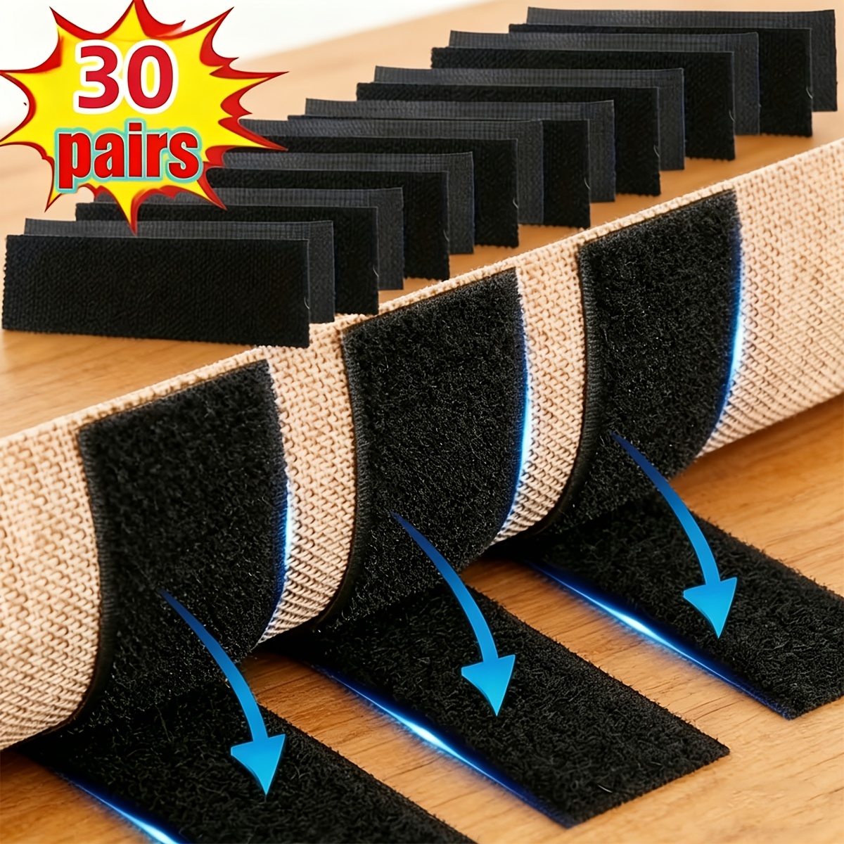 60pcs/30pairs Rectangle Self-adhesive Hook Loop Tape Double-sided High Carpet Fixing Sticker Non-slip Sealing Patch For Car Interior Diy Home Floor Mat Invisible Fixing Tool