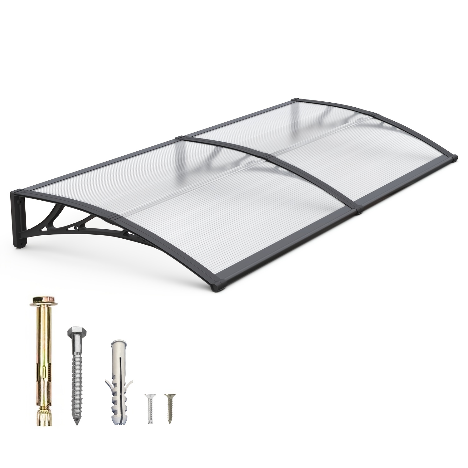 Image of 150x76cm Awning For Windows And Doors, Designed To Provide Shelter From , Rain, Snow, And Sunlight. Features A Polycarbonate Cover With A Black Bracket And A Brown Board, Along With A Clear Panel