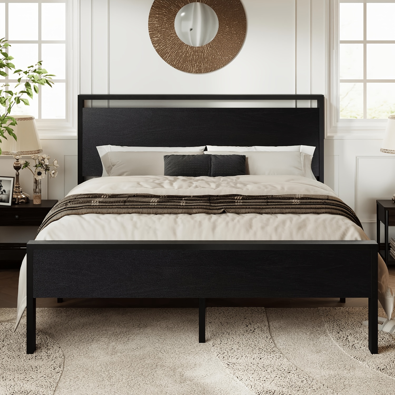 TEMU Bed Frame, Heavy Duty Metal Platform Bed With Wooden Headboard, Under-bed Storage, Spring Needed