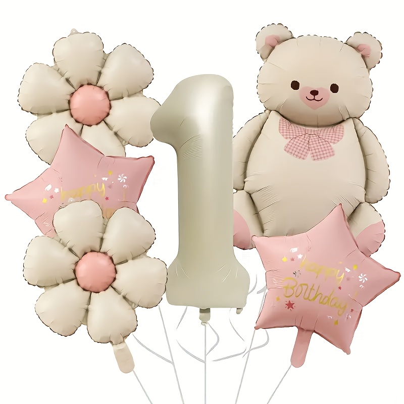 Image of 2/8pcs, 32-inch Cream-colored Numbers 1, 2, 3, 4, 5 Pink Bear Birthday Set, Bow Bear, Vintage Daisy Foil Balloon, Happy Birthday Star Balloon, Reusable Birthday Party Decorations