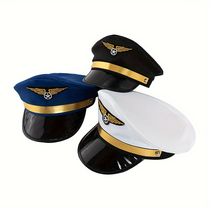 

Captain Hat, Airline Peaked Cap, Cosplay Accessory, Party Dress-up, Navy Blue With Golden Detailing And Wings Emblem, Festive Event Headwear