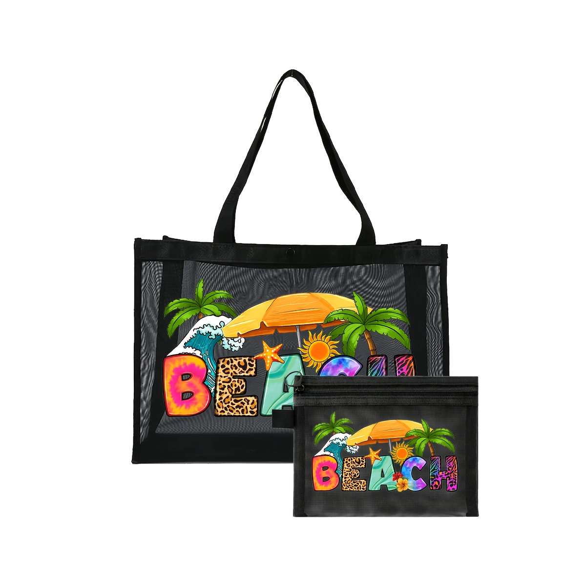 E-shop Schwarze Mesh-Tragetasche und kleine Tasche Set mit farbenfrohem Buchstaben-Print im Strand-Stil, tragbare Mehrzweck-Aufbewahrungstasche,