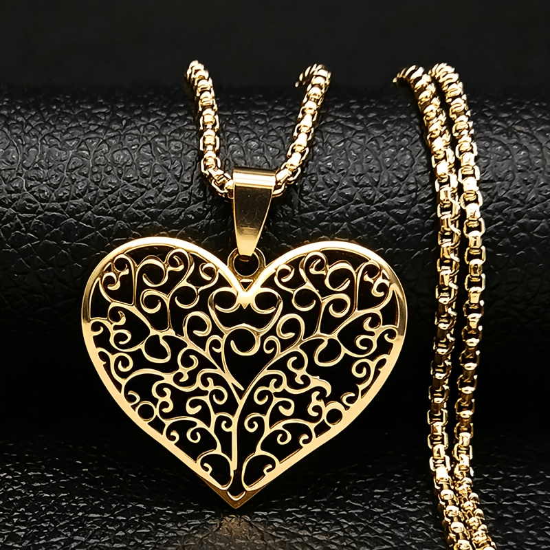TEMU 1 pz Collana con ciondolo a forma di cuore Albero della Vita in acciaio inossidabile - con motivo traforato per donna, elegante per feste ,