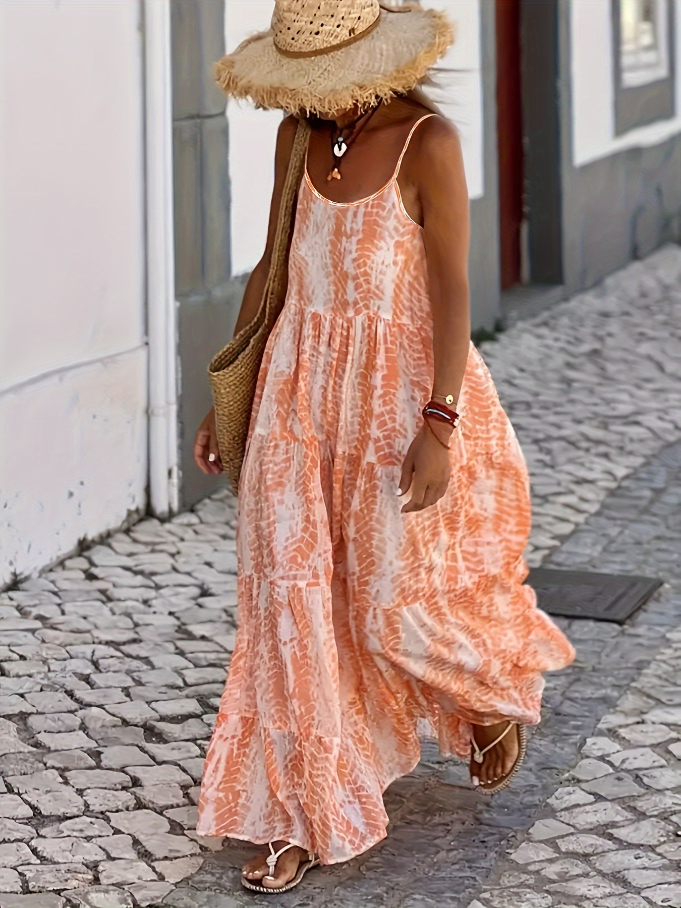 elegant summer tie dye maxi dress with thin shoulder straps woven polyester sleeveless dress for adults full print bohemian style 0