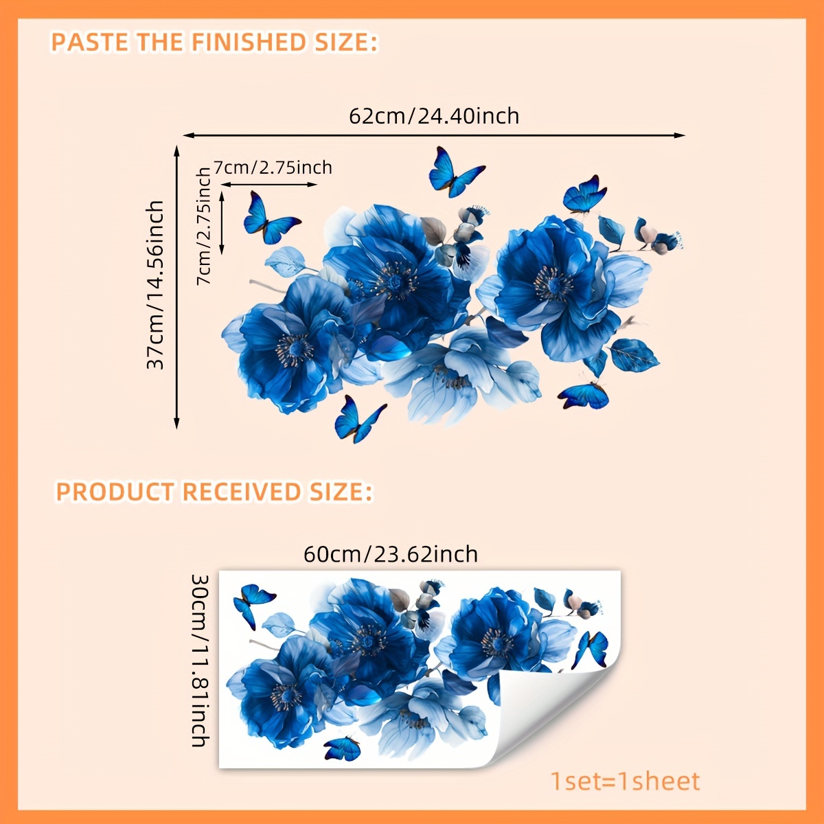1pc Blue Floral Background Wall Sticker Toilet Bathroom Room Decoration Wall Sticker Self-adhesive Removable Wall Mural (ms7149-yc)