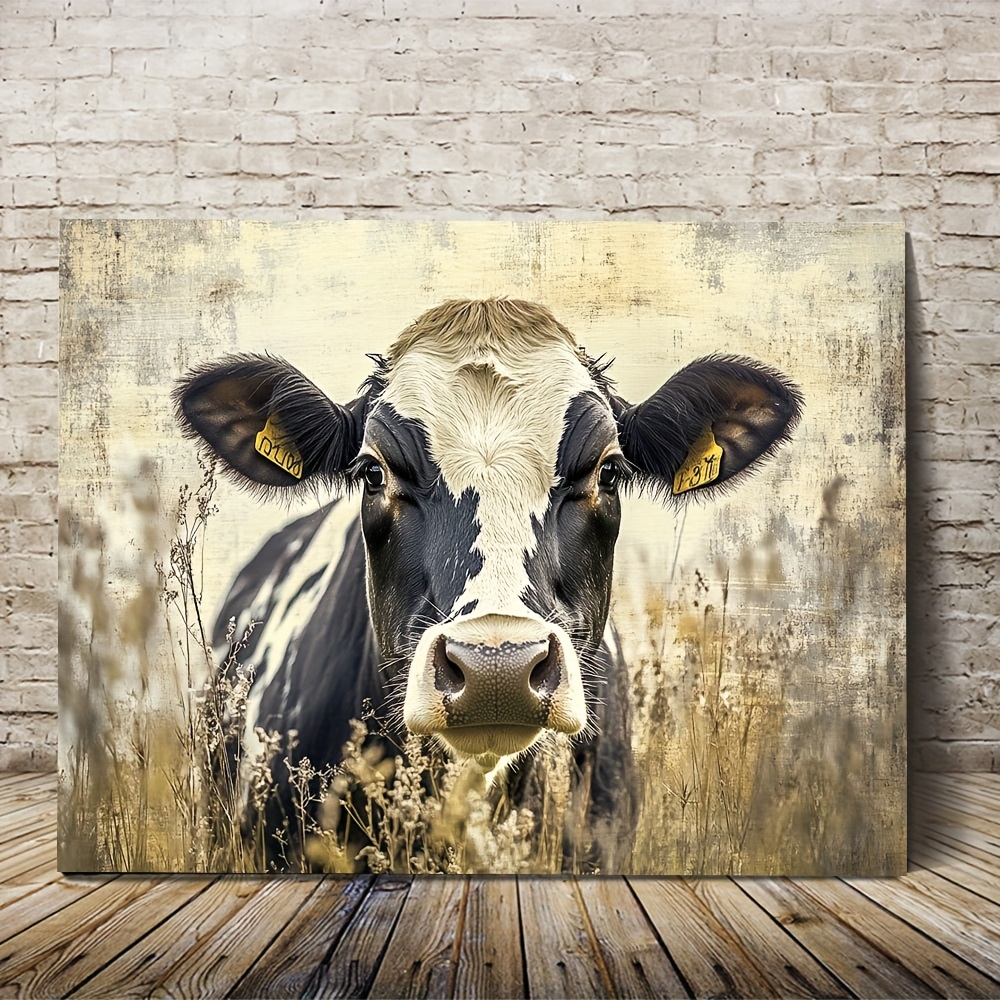 TEMU 1pc Cow Print Canvas Wall Art – Rustic Farmhouse Decor, Wooden Framed & Ready To Hang, 11.8"x15.7", Cottagecore Style For Bedroom & Living Room,
