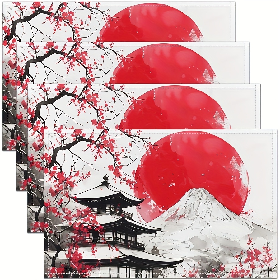 

4-Pack LinenSet - Napperon de style japonais -E - Motif Fuji et , Lavable en machine, Carré 12x18 pouces, Napperon de table en lin tissé pour la décoration de salle à manger