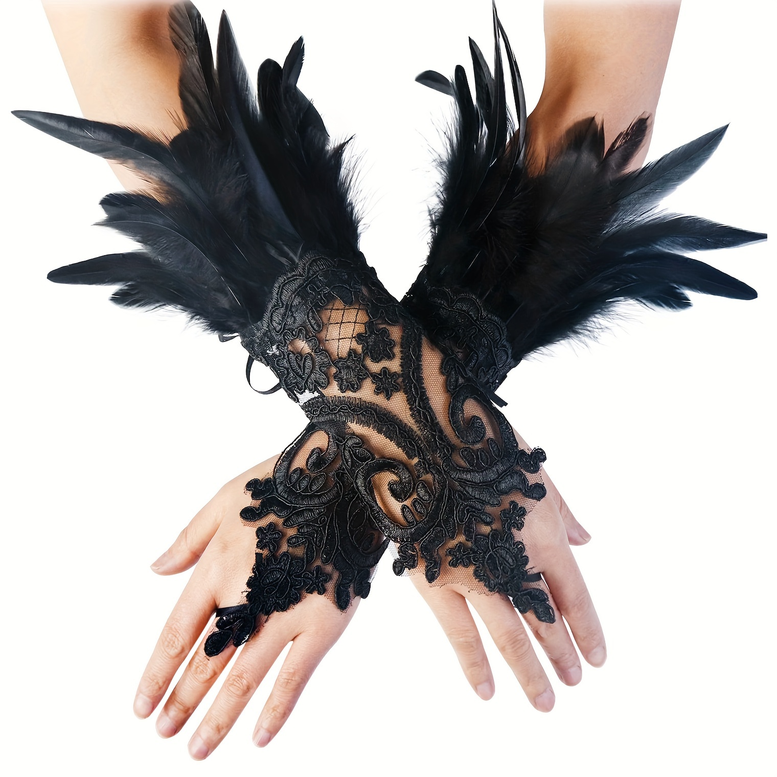 Gothic Rhinestone Feather Gloves Lace Cuff Wristband Cosplay Wedding Halloween