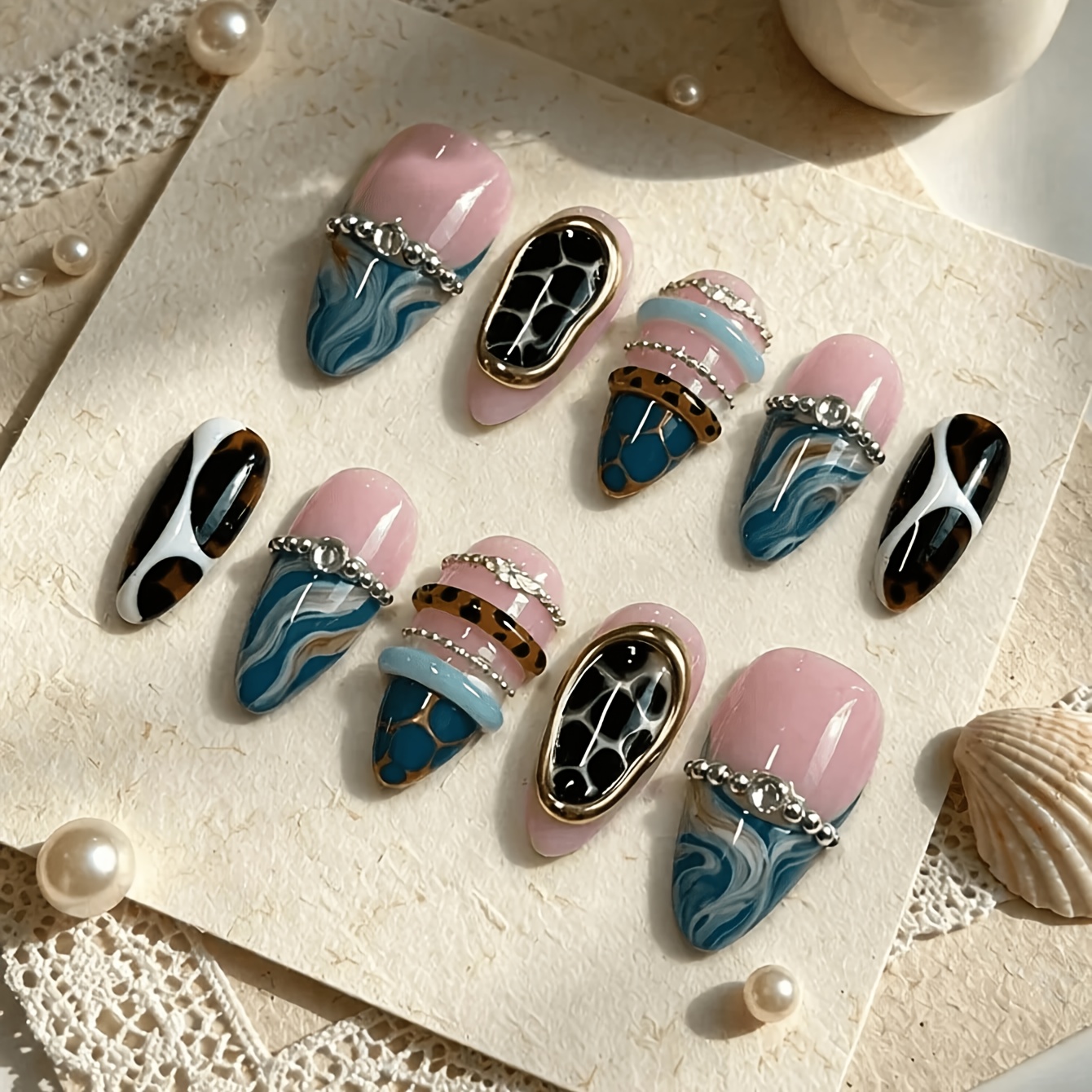 TEMU 10pcs Handmade Almond Shape Press-on Nails, Vintage Blue Gray Fluid Ombre Honeycomb Leopard Block Metal Chain Big Diamond French Style Removable
