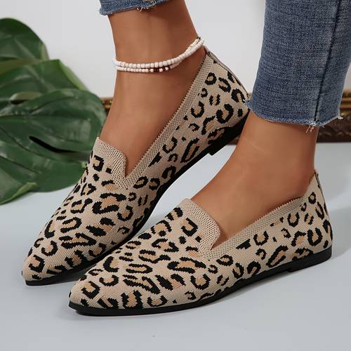 lightweight and breathable womens knitted solid color casual shoes womens leopard print pointed toe ballet flats fashionable outdoor flat shoes women shoes