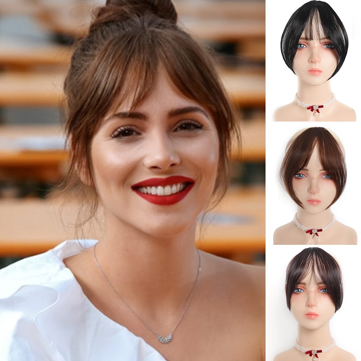chic look elegant brown blonde clip in bangs wig for women fluffy synthetic hair with   fringe high temperature resistant versatile styling options short hair wig details 1