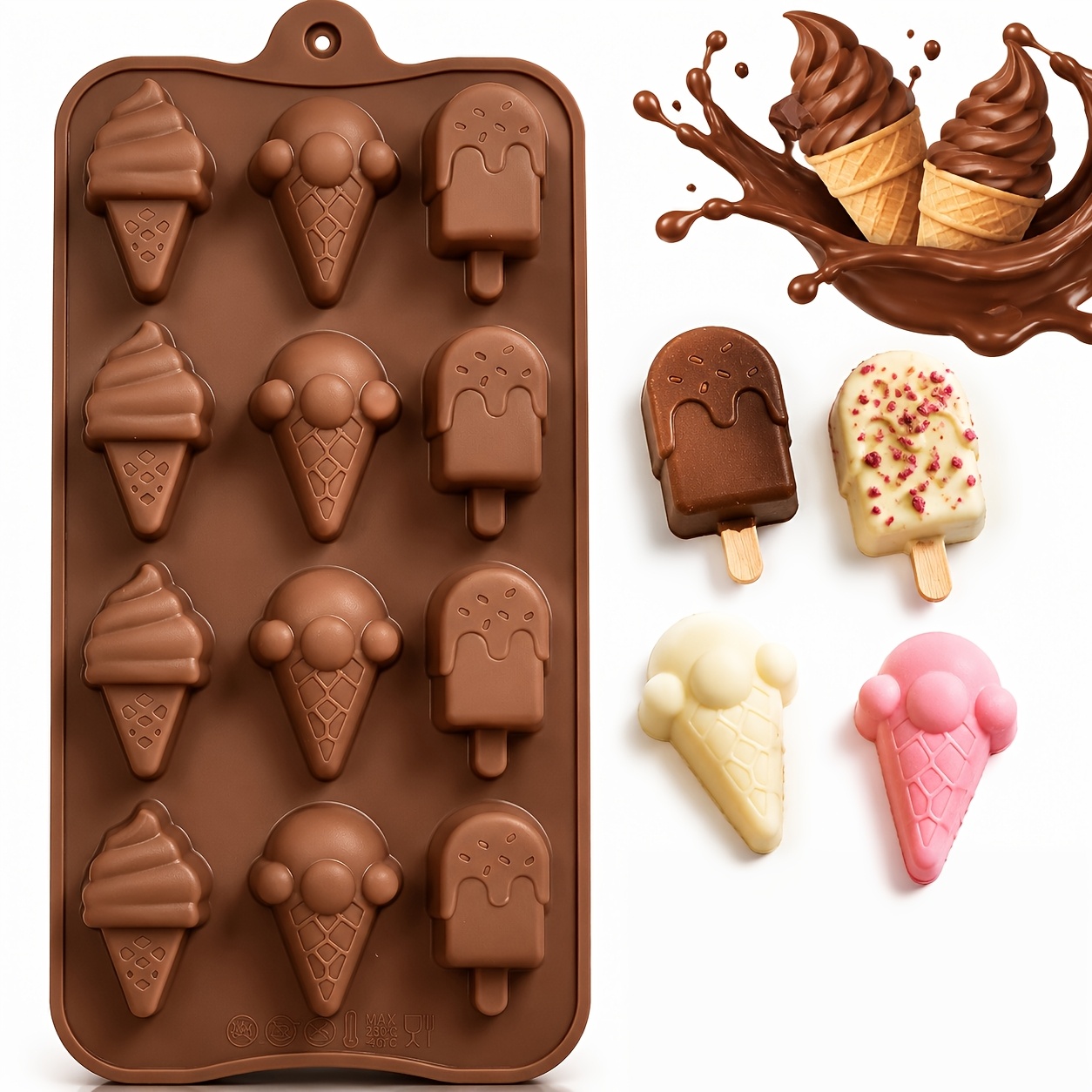TEMU 12-cavity Mixed Ice Cream & Popsicle Shaped Silicone Chocolate Molds, Food Grade, Cube Baking Diy Molds, Ideal For Chocolate, Candy, Jelly,