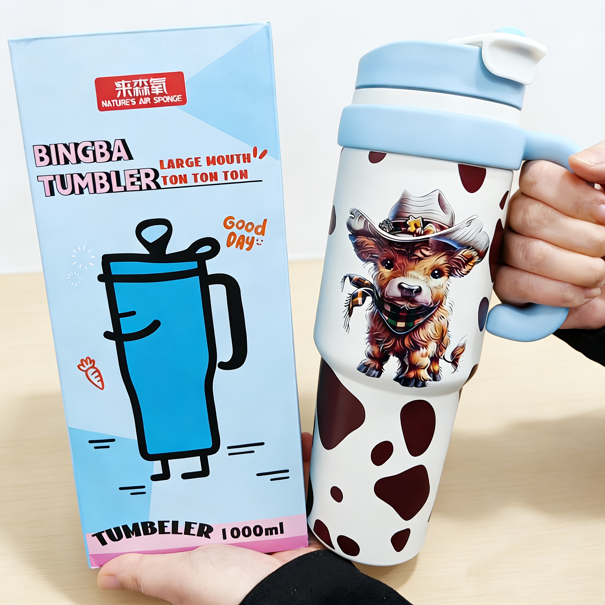 TEMU -ounce Double-layer Travel Mug With A Straw, Featuring A Highland Cow Print, Exquisite Design, Multifunctional For Keeping Drinks Hot Or Cold, A