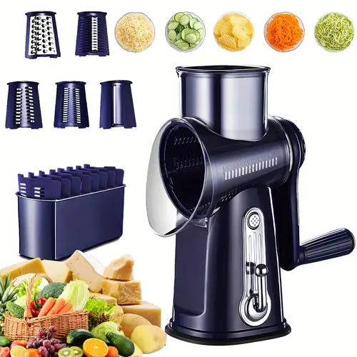 5 in 1 rotary cheese grater vegetable slicer stainless steel manual kitchen gadget with strong suction base interchangeable attachments for cheese potatoes carrots more and store gift cheese slicer