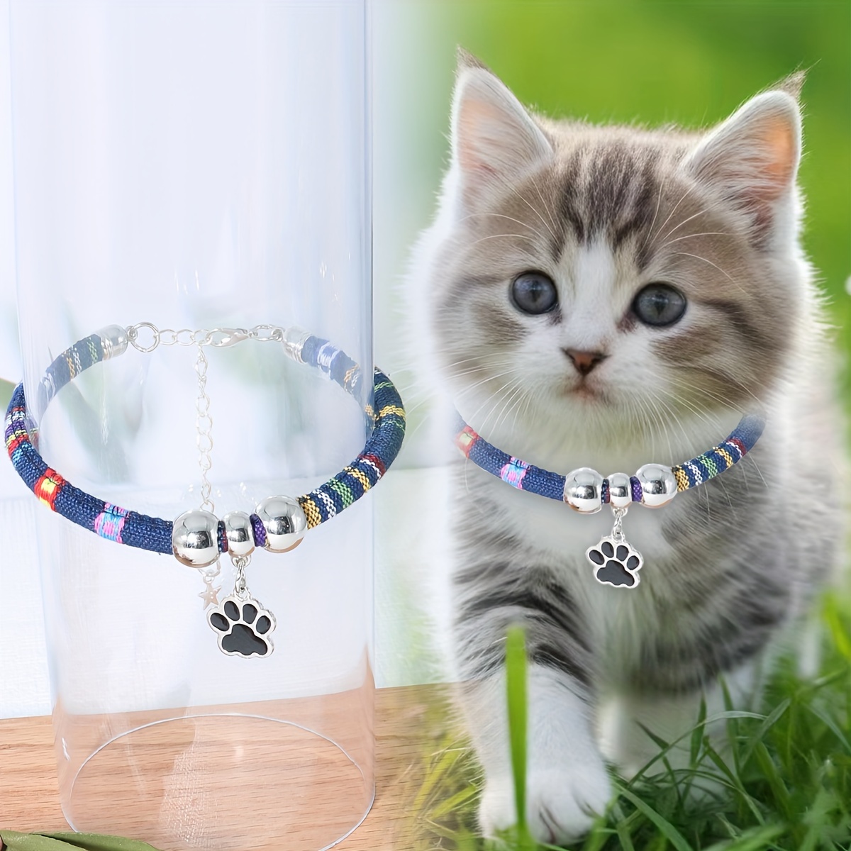 Nylon Pet Necklace with Colorful Paw Print Pendant - Adjustable Cat And Small Dog Collar with Ethnic Design - Durable And Stylish Pet Accessory