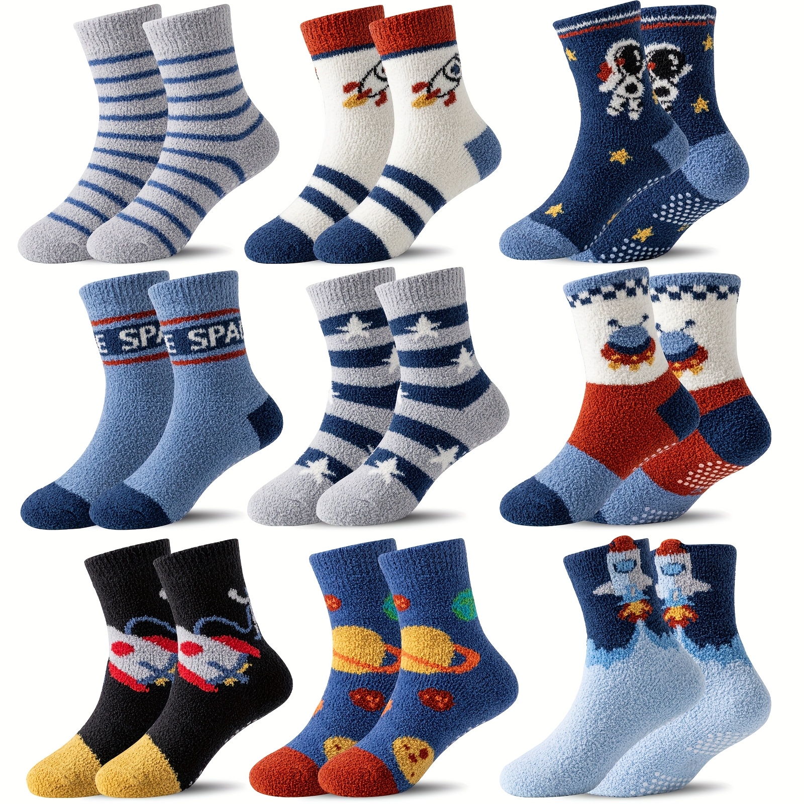 TEMU Kids Boys Toddlers Fuzzy Socks With Grips Non Slip Slipper Socks Fluffy Cozy Cabinplush Warm Crew Winter Thick Fun Cozy Hospital Socks 9 Pairs