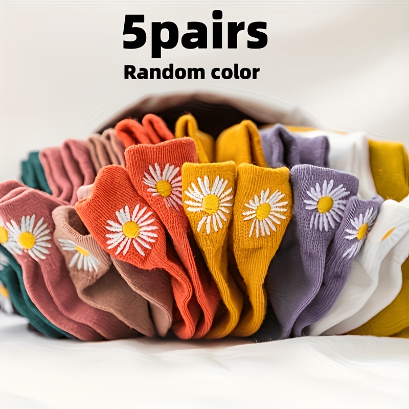 5pairs- Women's Japanese-style Spring/summer Embroidered Daisy Ankle Random Color Socks | Elegant, Soft And Comfortable For Casual Wear