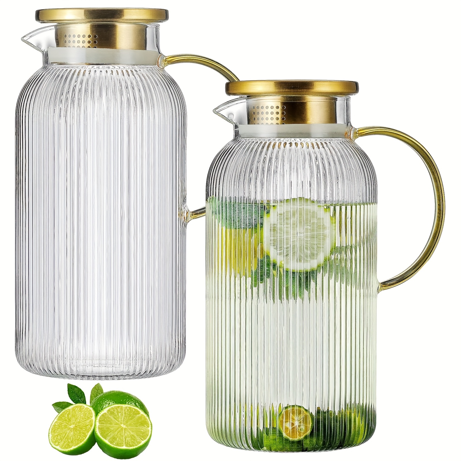 TEMU 2pcs Glass Pitcher Set With Lid, 68oz Classic Vertical Stripes Water Pitcher, For Cold Brew, Coffee, Lemonade, Iced , Beverage, Heat Resistant.