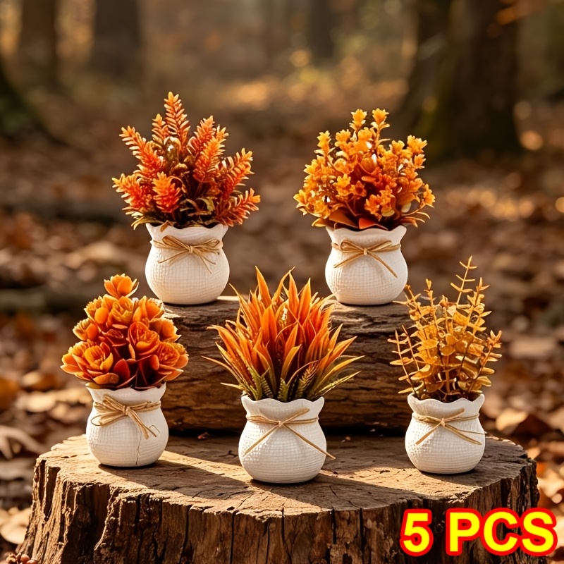TEMU 5pcs Upgraded Autumn Artificial 3d Potted Plant Set (with Flower Pots), Durable Faux Bonsai Ornament, Realistic Shape And Never-wilting, Perfect