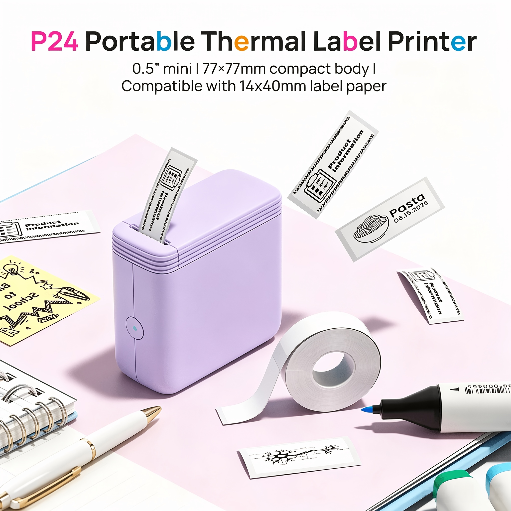 P24 Portable Thermal Label Maker, Wireless App Sticker Printer With 203dpi Inkless Printing, Mini Label Machine For Smartphone Editing Home Office And Travel Organization