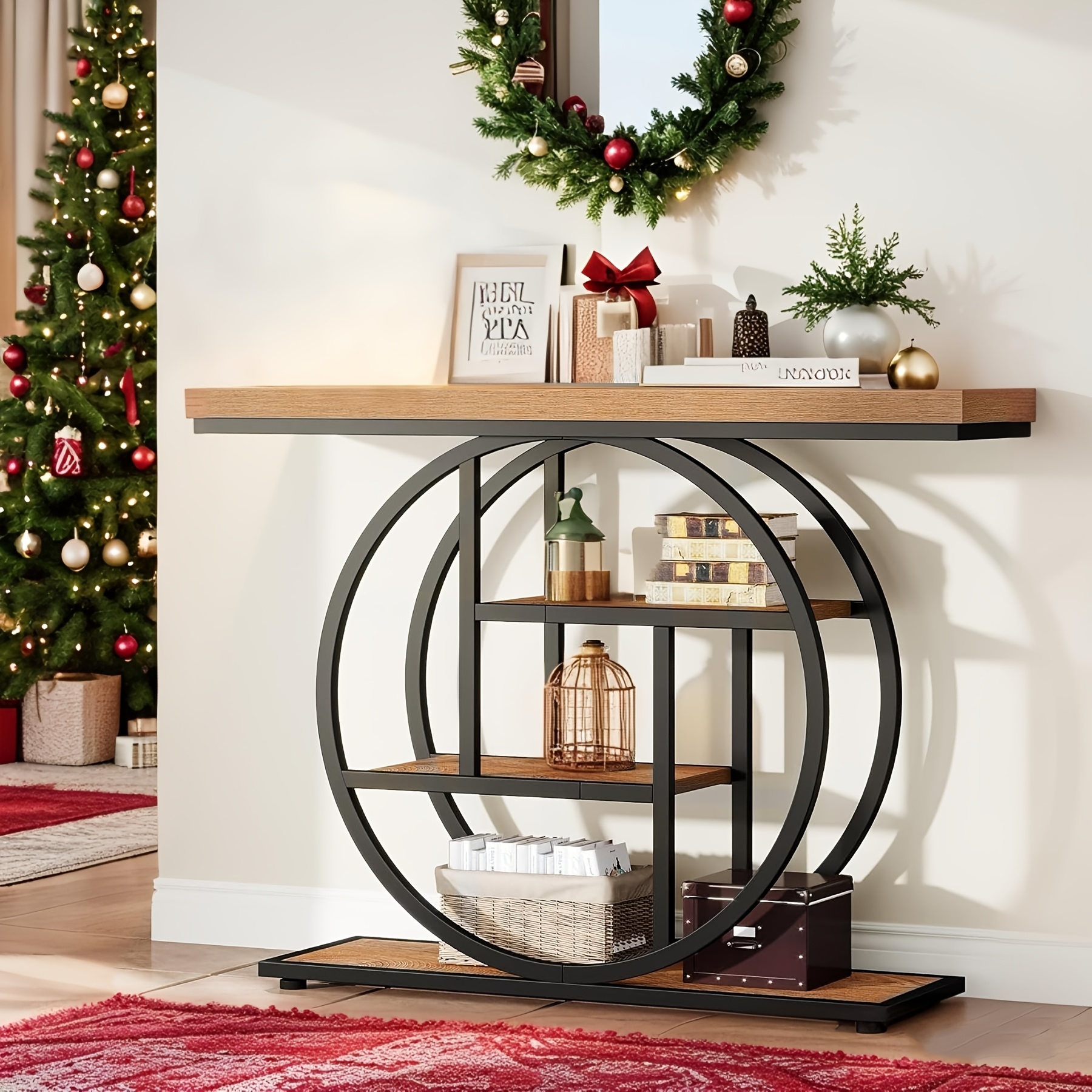E-shop 41,3" Konsolentisch, Industrieller 4-Etagen Sofatisch mit runder Basis, Schmale Holz-Akzenttische mit Stauraumregalen für Wohnzimmer, Flur,