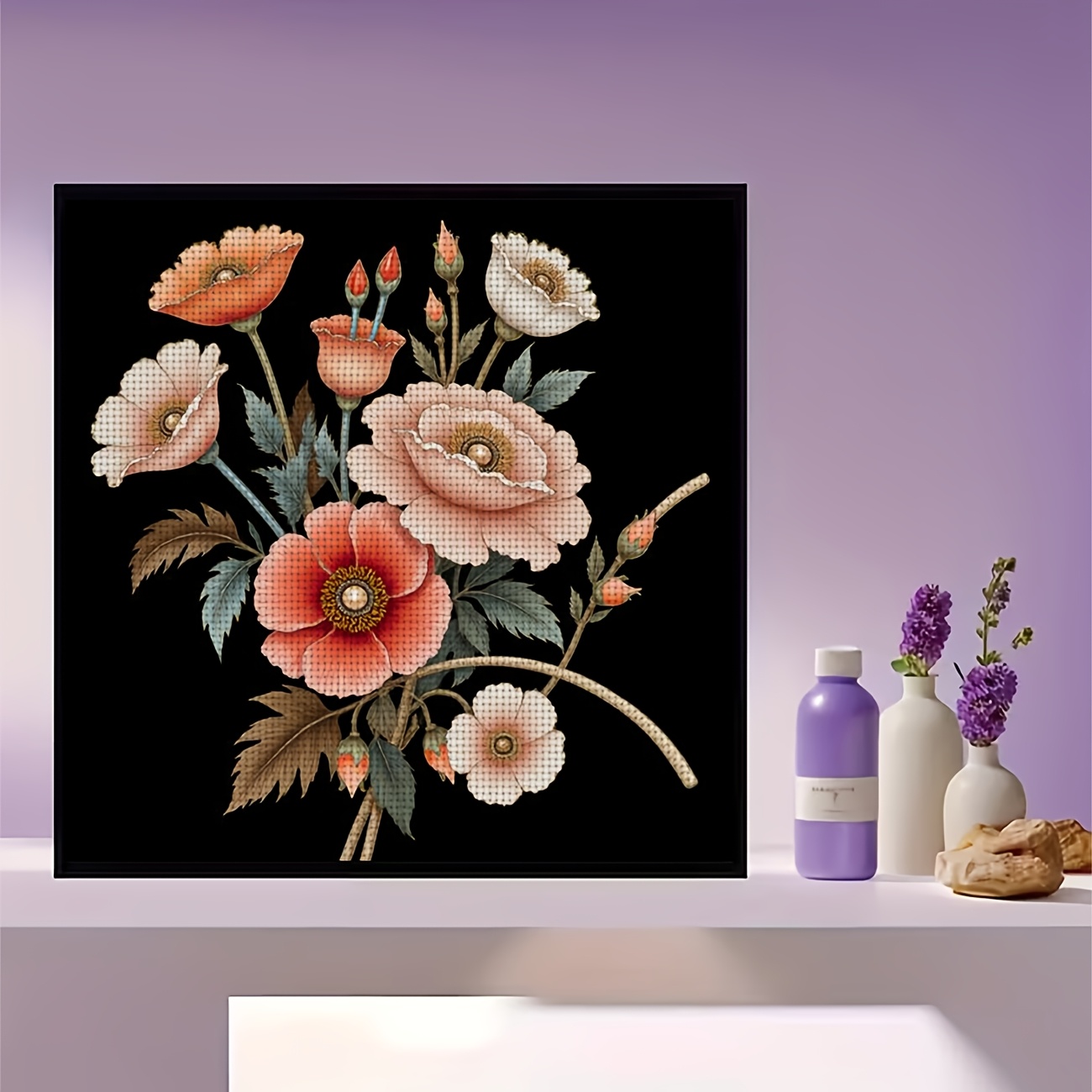 Cross-Stitch Printing Kit, Colorful Bouquet on Black Background