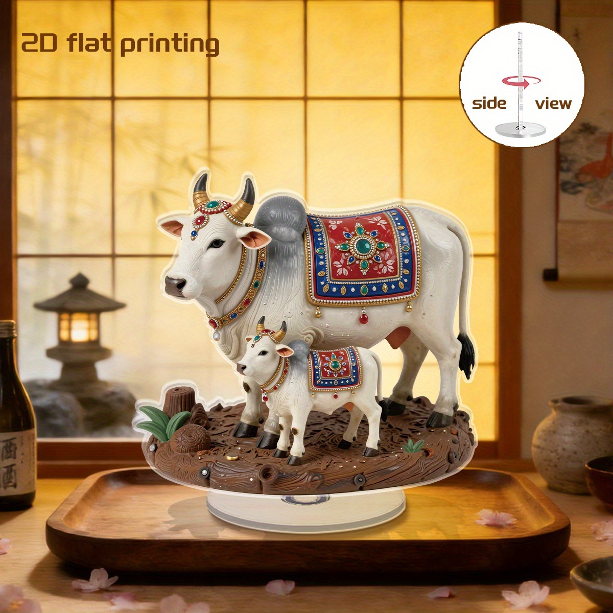 TEMU 2d Flat - 2dflat 2d Flat Design, 1pc Indian Bull And Calf Sculpture Rotating Acrylic Display Board With Heart Pattern, 360-degree Rotatable