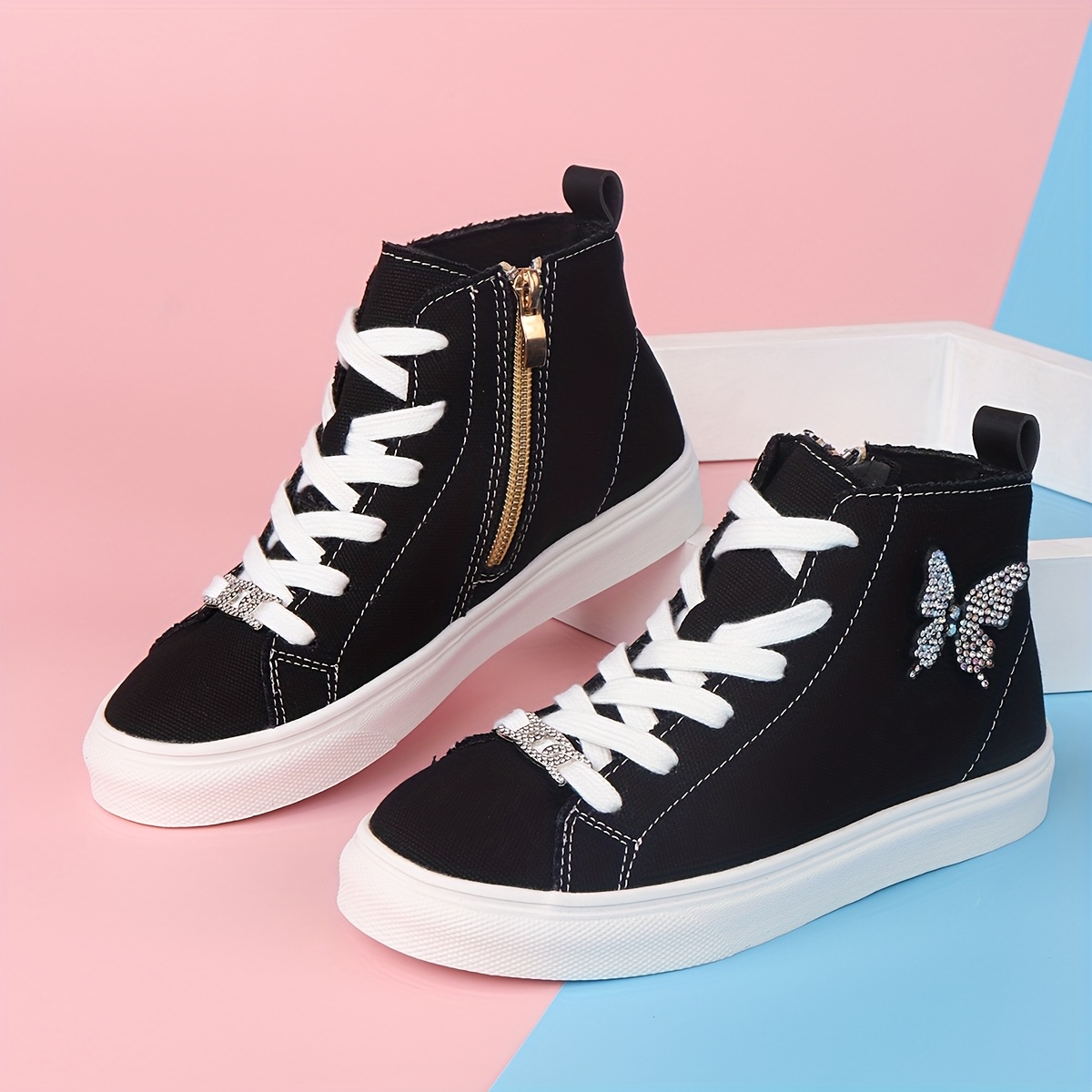 B8123-9 Black Fabric High-Top Silvery 2025 New Casual Fashion Boys'  and Girls' Student Shoes High-Top Thick Sole Non-Slip Durable C