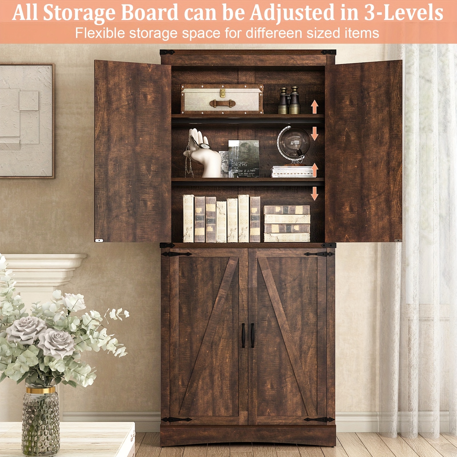 71in Farmhouse Tall Pantry Cabinet with Adjustable Shelves
