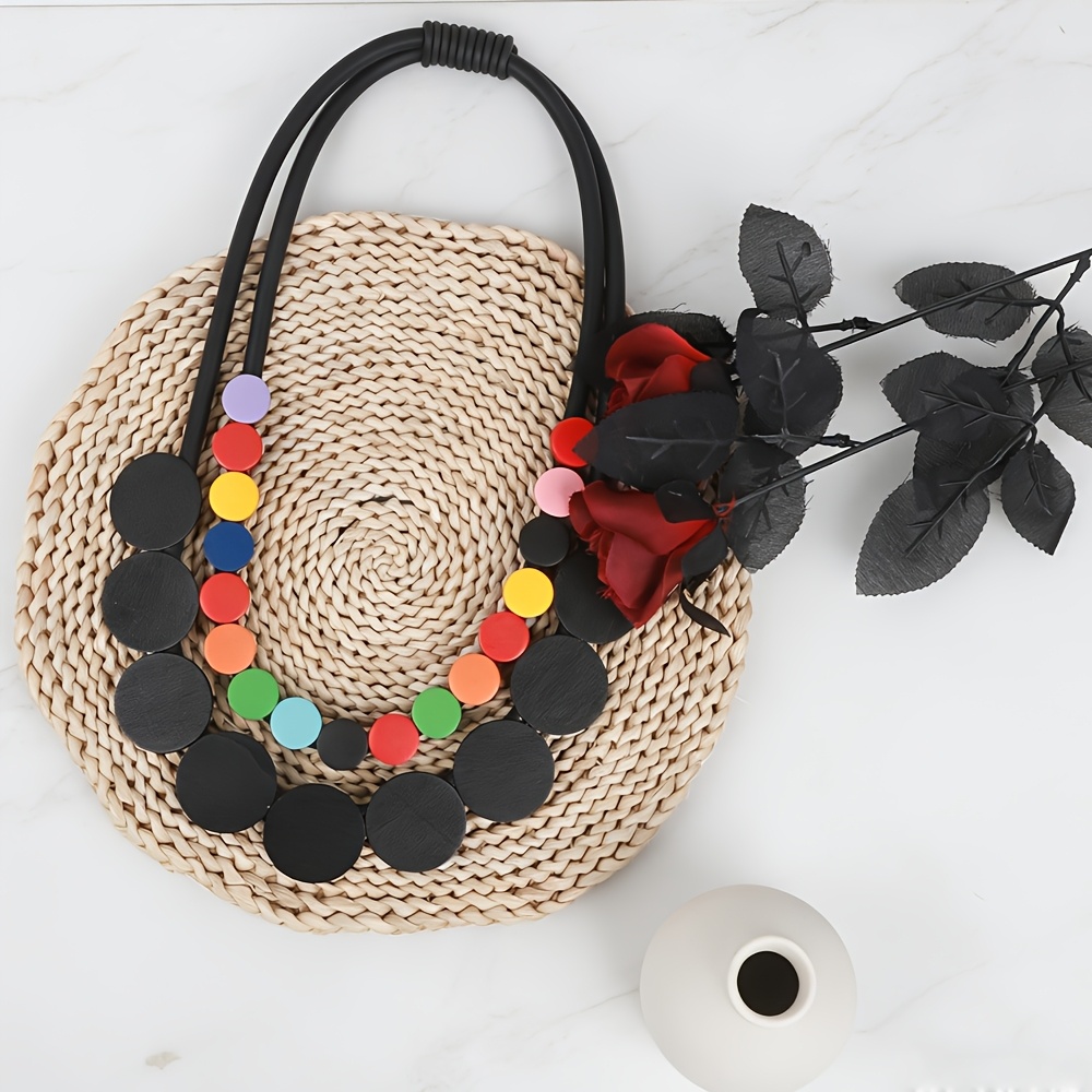 Geometric Round Color Block Pendant Necklace, Bohemian Style