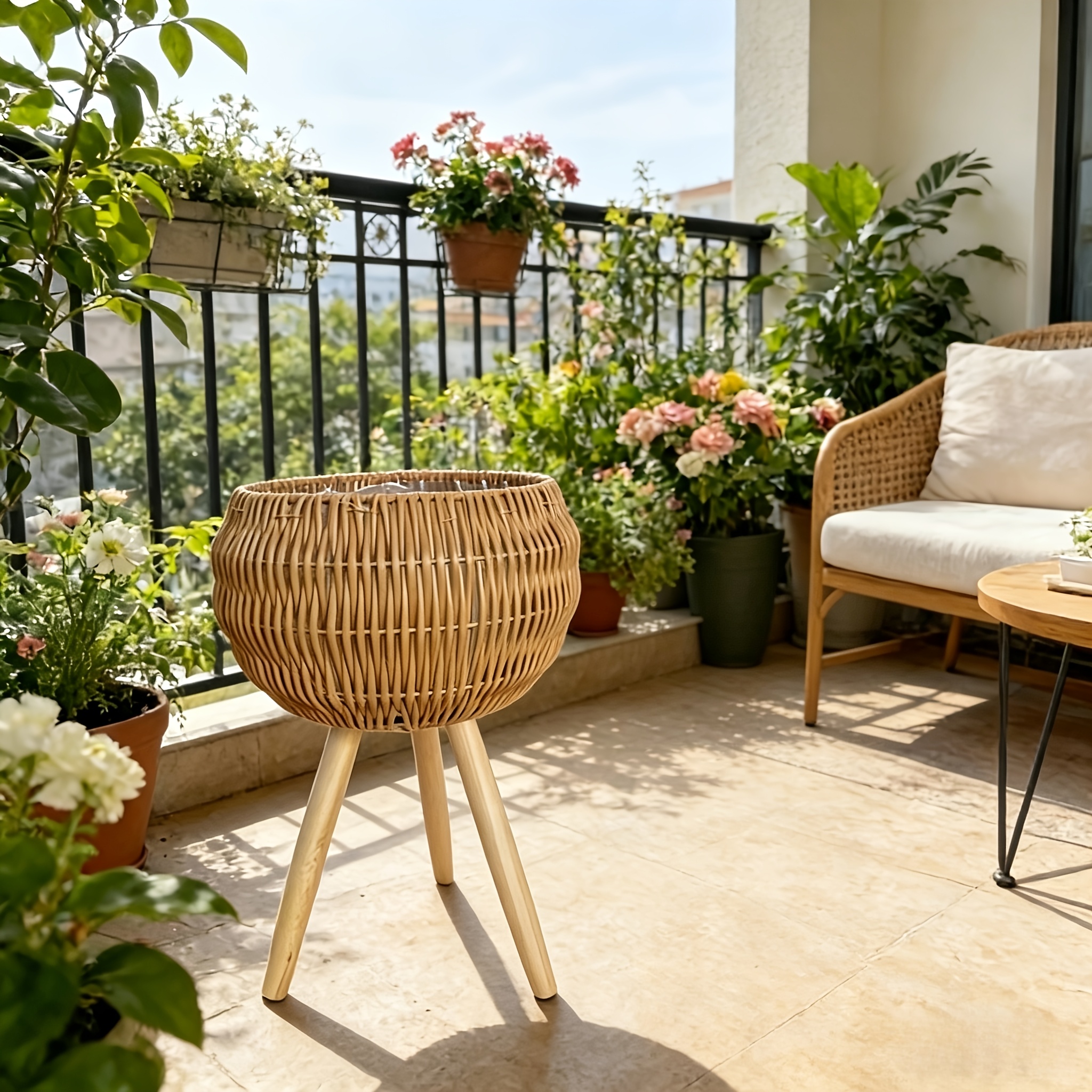 1pc Boho Rattan Plant Pot with Wooden Tripod Stand, Hand Woven Basket Planter with Liner, Ideal for Indoor Plants, Living Room, Balcony, Apartment, Perfect for Renters