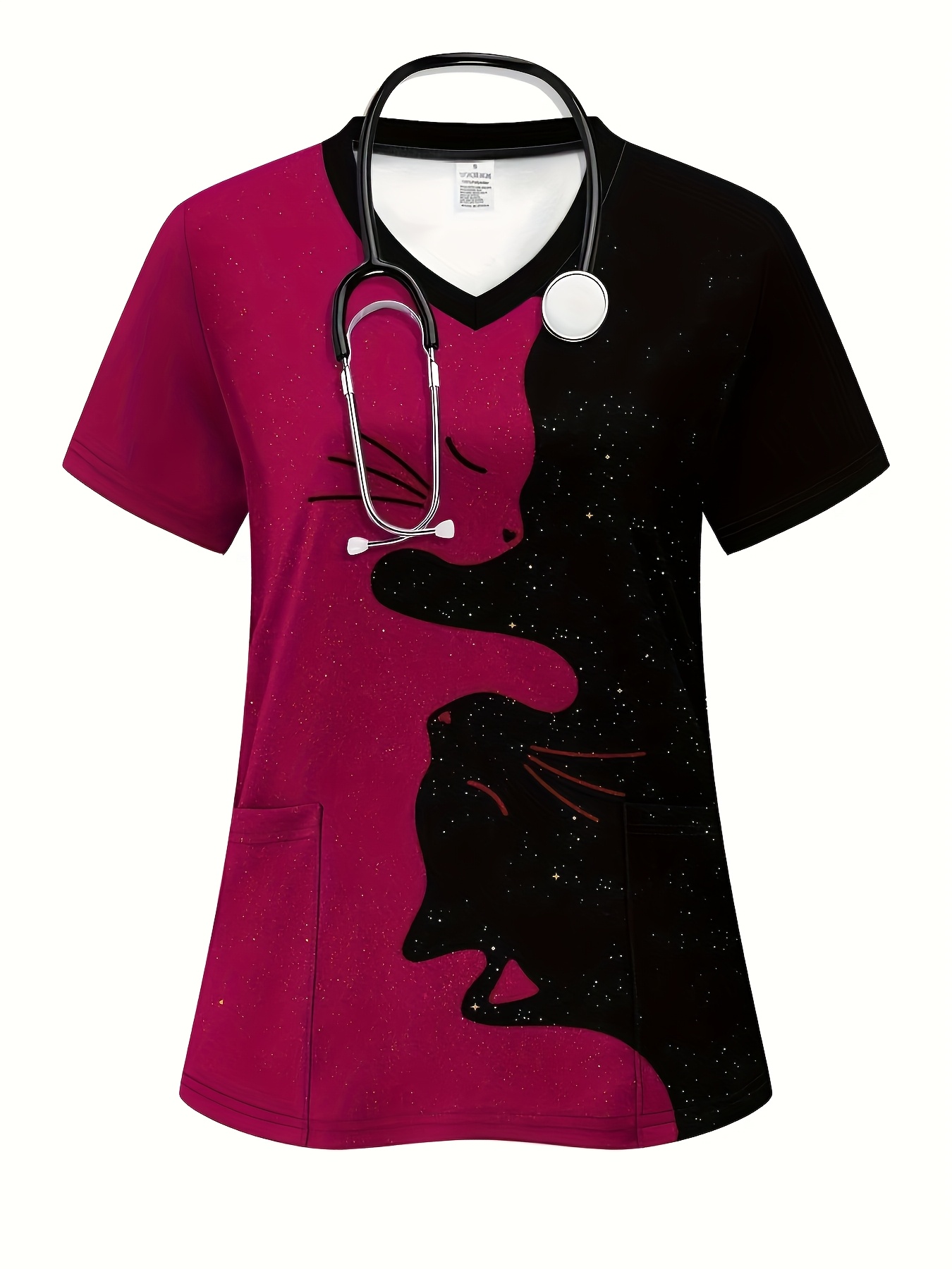 womens v neck scrub top with cat print soft breathable uniform for healthcare professionals short sleeve stretchy fabric front pockets ideal for     pink animal design scrub