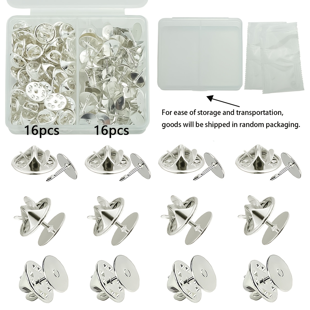 E-shop 32 Stk./Box Silberfarbene Nadelsockel, Nagelknopf-Verlängerungsset enthält 16 Schmetterlingsschnallen und 16 Stk. (10 mm) Bindezahnen, geeignet