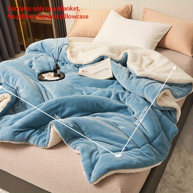 TEMU 1pc Light Blue Double Layer Blanket Milk Fleece Lamb Fleece Crimping Blanket Casual Blanket Throw Blanket Lunch Break Blanket