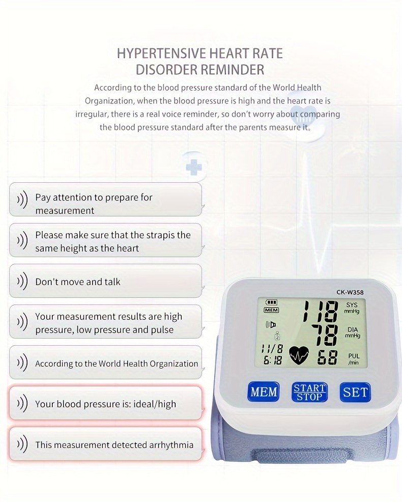   kun rechargeable   wrist blood pressure cuff monitor with usb charging automatic digital bp machine voice broadcast large display screen built in lithium battery ck w358 Product details 4